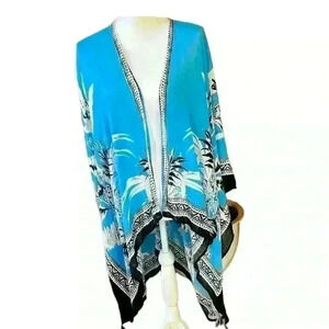 VINCE CAMUTO One Size Blue Floral Shawl Wrap with Sleeves and Tassels. NWOT